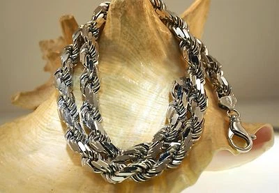 COLLAR CADENA CUERDA ITALIANA PAVÉ PLATA 925 MACIZA CHAPADA EN RODIO 10 MM 30" Foto 1 de 4