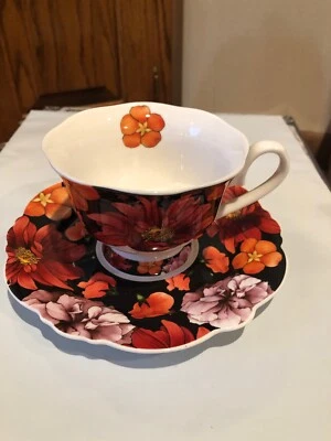 Eileen's Reserve New Tea Cup & Saucer Dramatic Floral Orange Dark Pink on Black - Image 1 of 4