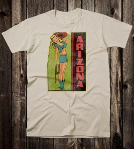 Retro Travel Tee T Shirt Vtg Cowgirl Art Tourist Arizona State Pin Up Girl - Picture 1 of 7