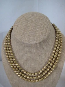Vintage 3 Strand Gold Tone Round Textured Ball Bead Necklace with Hook Fastener - Picture 1 of 8