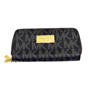 Michael Kors Brown MK Logo Pattern Wallet w 2 Zipper Compartments Cards / Cash - Picture 1 of 11