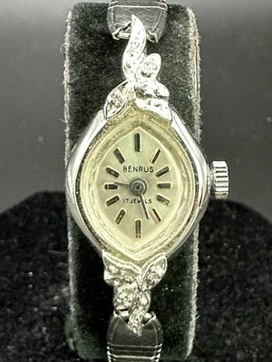 Reloj Pulsera Benrus Mujer Cóctel Vintage Tono Plateado con Diamantes 17 Joyas Foto 1 de 4
