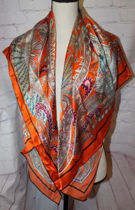 100% Silk Large Square Scarf Multi Design Orange & Multicolor 42" x 42" - Picture 1 of 3