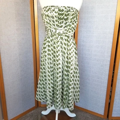 Strapless Dress by Suzi Chin Size 14 Cotton Silk Blend Green Ivory Geo Print - Image 1 of 4
