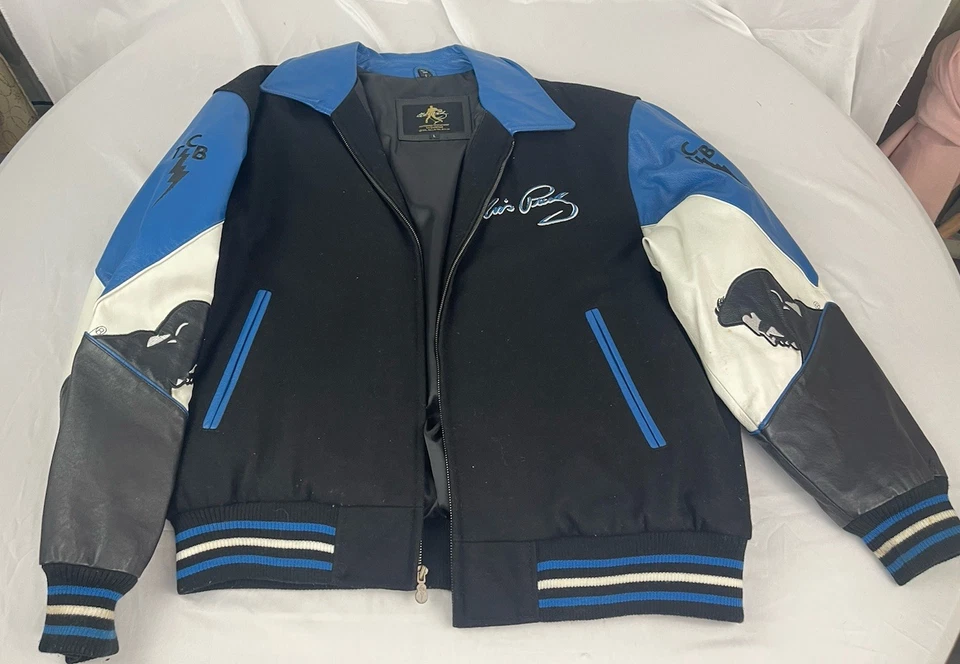 ELVIS Presley Varsity Bomber Jacket Blue Leather & Black Wool Embroidered Large - Image 1 of 4