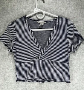 Crop top donna blu a righe Attenzione al vento taglia small scollo a V - Foto 1 di 5