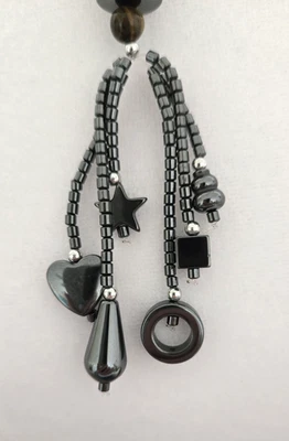 Hematite Beaded Necklace 2 Tigers Eye Beads Geometric & heart and star 17 inches - Image 1 of 4