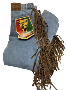 VTG 90s NWT Seruchi Fringed Suede Overlay Denim Jeans Women’s Size 15/16 Cowgirl - Picture 1 of 12