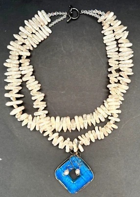 Ожерелье с двумя нитями жемчуга Biwa синее дихроичное стеклянная проволока обернутый кулон - Изображение 1 из 4