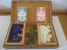 Alte Holz Kassette 2 Kartenspiele Piatnik mit 99 Jeton in 4 Farben + Spielmarken