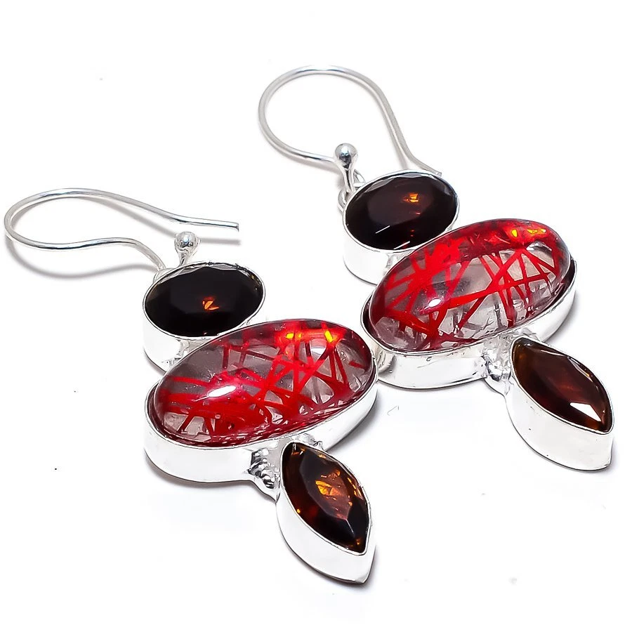 Red Rutile Quartz, Smokey Gemstone 925 Silver Jewelry Earring 2.0" R-2621 - Image 1 of 1
