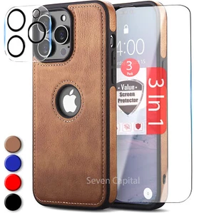 For iPhone 14 Plus 13 12 11 Pro Max Leather Case Cover + Screen & Lens Protector - Picture 1 of 37