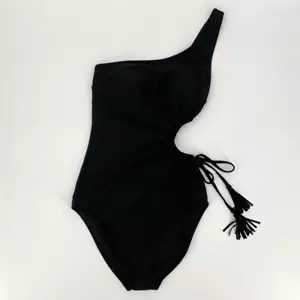 Aerie Tassel Cut Out Asymmetrical One Piece Swimsuit Women Small Long Black NWT - Picture 1 of 8