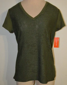 Women's Joe Fresh Olive Green Short Sleeve Sheer Lace V-Neck Top Sizes S, M, L - Picture 1 of 1