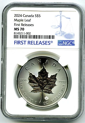 2024 $5 CANADA 1OZ SILVER KCIII MAPLE LEAF NGC MS70 FIRST RELEASES BLUE LABEL - Image 1 of 2