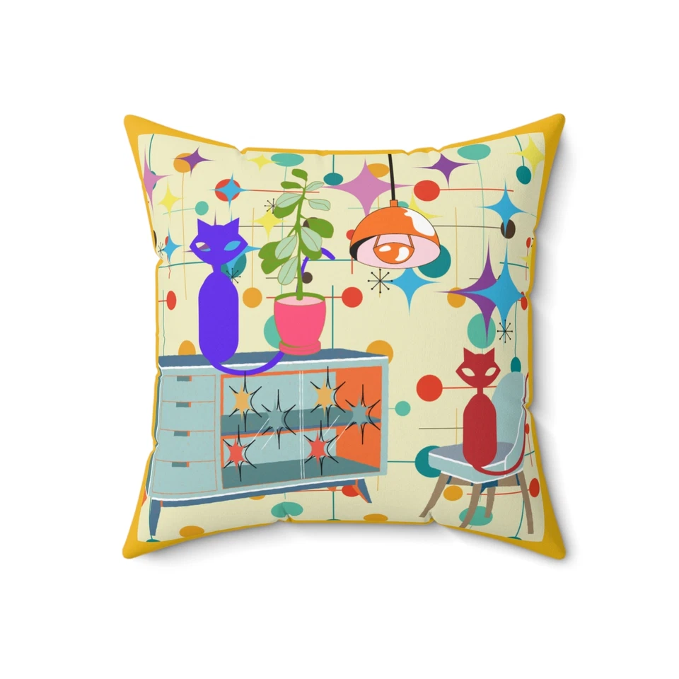  Retro MCM red/blue/yellow Atomic Cat throw pillow living room decor - Image 1 of 1