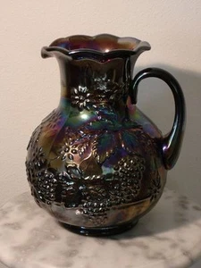 Dugan Iridized Carnival Glass Floral & Grape Amethyst Pitcher - Picture 1 of 3