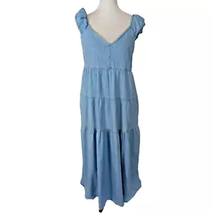 Maxi abito svasato tutto il giorno Old Navy denim a strati manica cappuccio aderente Cottagecore taglia L - Foto 1 di 7