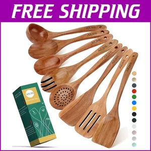 Elegant 8-Pack Teak Wood Kitchen Utensils Set - Perfect for Nonstick Cookware - Picture 1 of 8