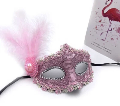 Venetian Masquerade Mask w/Feathers Party Prom Mardi Gras Wedding Halloween Pink - Image 1 of 4