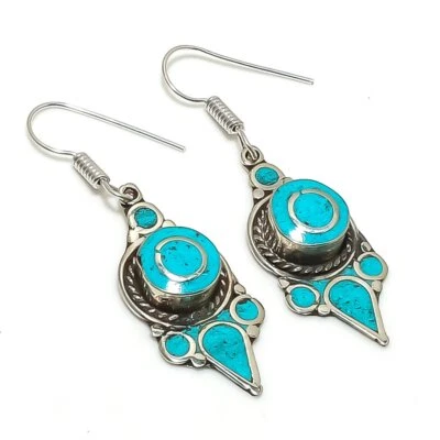 Türkis Edelstein Ohrringe Tibetische Handarbeit Elegant Nepali Schmuck 2,3" N... - Bild 1 von 4