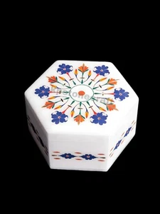 Colorful Hexagonal Marble Jewelry Box with Heavy Inlay Work-Jewelry Storage Box - Picture 1 of 5