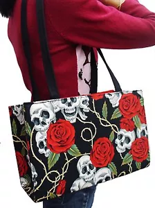 BOLSO DE HOMBRO HECHO A MANO DE EE. UU. CON CRÁNEOS ROJO PATRÓN ROSA BOLSO DE MANO, NUEVO - Imagen 1 de 3