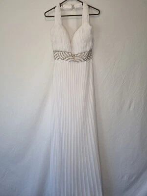 Imoda White Chiffon Ruched Pleated Beaded Grecian Empire Wedding Dress Sz 12 — 第 1/4 张图片