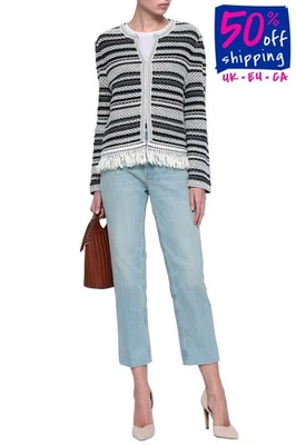 RRP€605 TORY BURCH Payton Cardigan Size L Fringed Woven Look Crew Neck - image 1 of 4