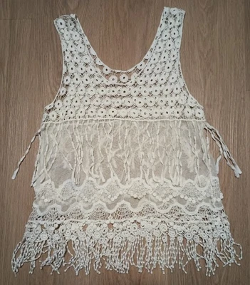 Top túnica de colección años 70 tejido a ganchillo abierto transparente BOHO HIPPIE paneles con flecos en cascada S Foto 1 de 4