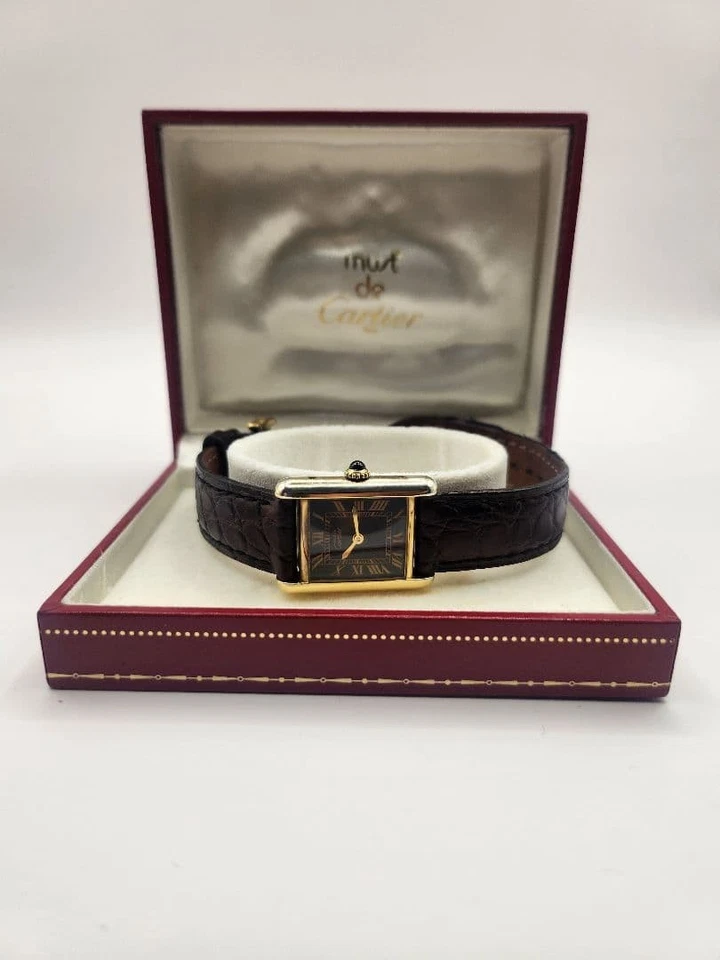 Cartier Must De Tank Quartz Watch Black Gold Dial Brown Leather w/Box - Image 1 of 4