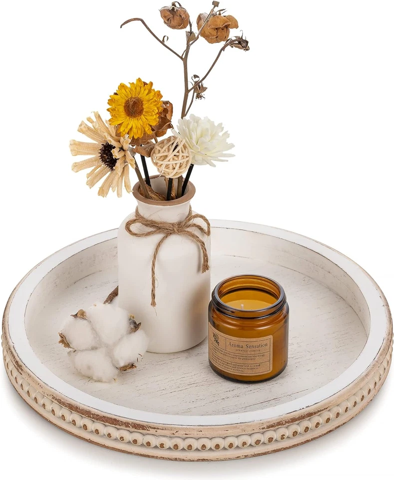 White Washed Bead Round Tray Decor, Serving Tray Wood, White Washed, 11.8" Dia. - Image 1 of 4