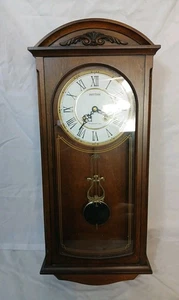 Rhythm Pendulum Wall Mounted Clock Wood Brass And Glass Westminster Chime - Picture 1 of 10