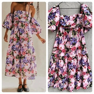 Neu mit Etikett Especia Travel Diaries schulterfreies Midikleid Eisenkraut Blumenmuster Puffärmel S - Bild 1 von 11