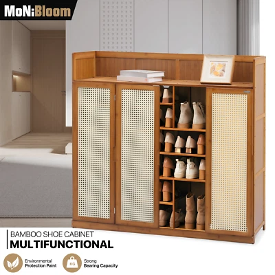 MONIBLOOM 46" Bamboo Shoe Rack 7-Tier Heels Storage Shelf Organizer w/Plastic Rattan Door