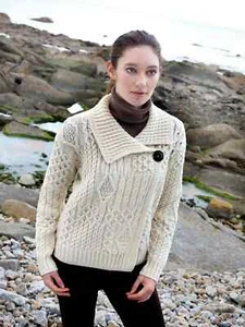 Carraig Donn Womens Cardigan Sweater XS Ireland 100% Merino Wool Ivory Cableknit - Picture 1 of 9