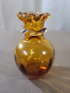 Vintage Amber Art Glass Hand Blown Miniature Vase Ruffled Lip  - Picture 1 of 8