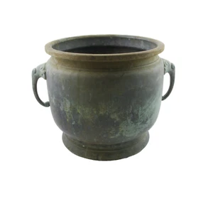 Antique Vintage Asian Solid Heavy Copper Bronze Planter Pot Urn Weathered Patina - Picture 1 of 9