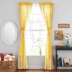 Pioneer Woman Yellow Gingham Pompom Trim Curtains 2 Panels & Tiebacks 40"x84" - Picture 1 of 5