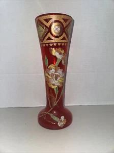 Mont Joye Legras Art Glass Vase with Heavy Gold Enamel and Floral Decor - Picture 1 of 8