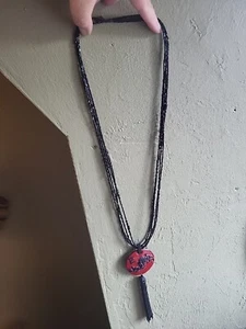 CHICO'S Asian enamel Black & Red DRAGON Pendant Tassel Necklace Glass Seed Beads - Picture 1 of 10