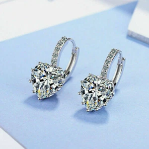 Silver WGP 10mm Heart Clear CZ w/ Crystal Accents Leverback Hoop Dangle Earrings - Picture 1 of 2