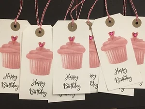 10 Large White Pink Cupcake Embellished Heart Happy Birthday Gift Tags Labels - Picture 1 of 5