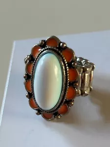 Expandable Ring with Large White Stone & Orange accents - Size 9 to 12 - Picture 1 of 3