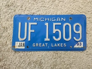 1993 Michigan License Plate UF 1509 – Great Lakes Blue – JAN 93 Tag – Super Rare - Picture 1 of 6