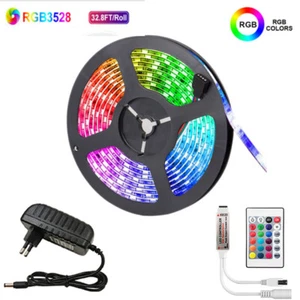 32.8 Feet RGB 3528 Flexible Led Strip Lights SMD 24 Key Remote 12V DC Power Kit - Picture 1 of 7