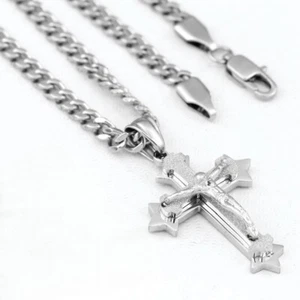 Unisex Acciaio Inox.CROCE DI GESÙ Piccolo Charm 20"Catena Cubana Alta Lucidatura Scatola - Foto 1 di 3