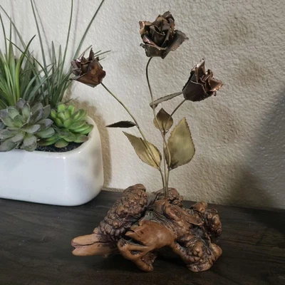Vintage Brutalist Metal Rose Flower Sculpture Wood Base Welded Art Table Decor - Image 1 of 4