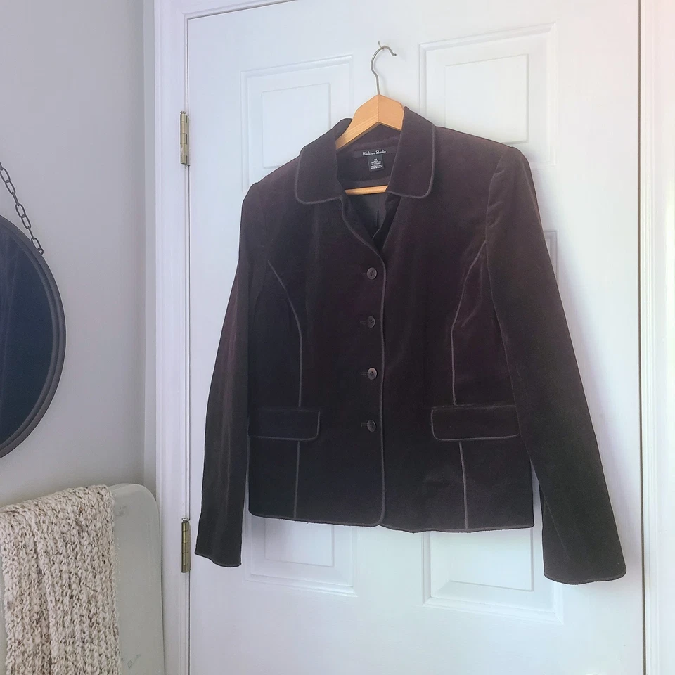 Jaqueta Blazer Veludo Veludo Madison Studio Vintage Tamanho G 14 Marrom Escuro Y2K Clássica - Imagem 1 de 4