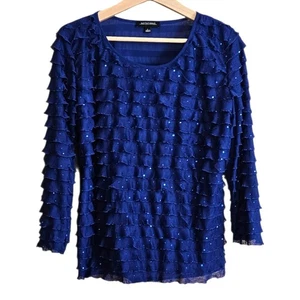 Notations Damen Rüschen Pailletten Top Blau Langarm Größe L - Bild 1 von 6